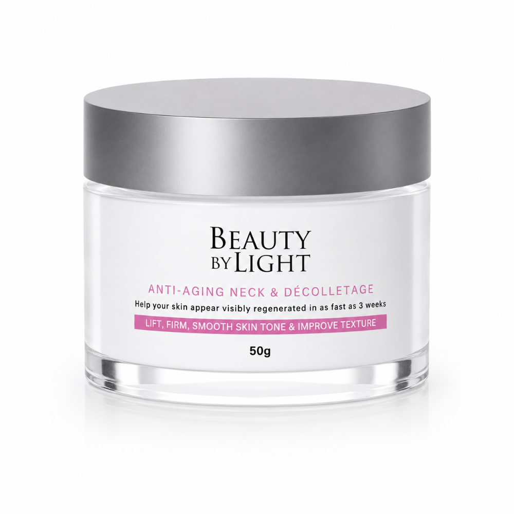 Beauty by Light anti-aging neck and decolletage cream jar on a white background