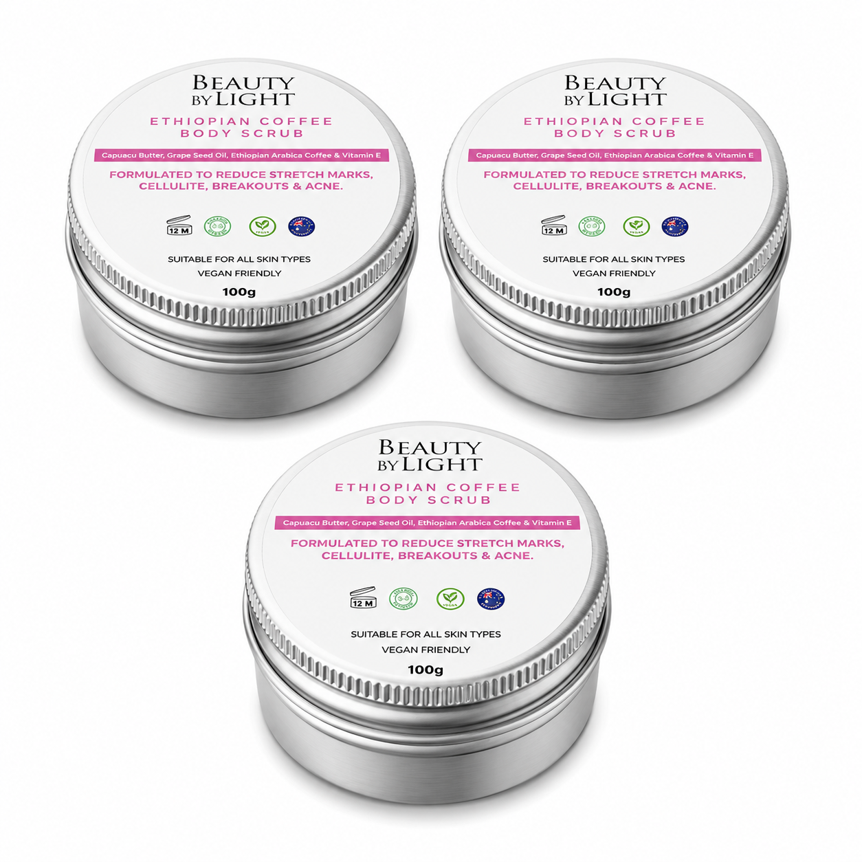 Three containers of Beauty by Light Ethiopian Coffee Body Scrub on a white background Beauty By Light Ethiopian Coffee Body Scrub 3 pack