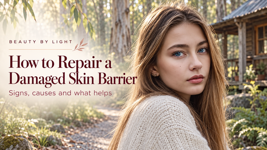 Woman beside a timber cabin in a sunlit forest, with the title “How to Repair a Damaged Skin Barrier” and Beauty by Light branding.