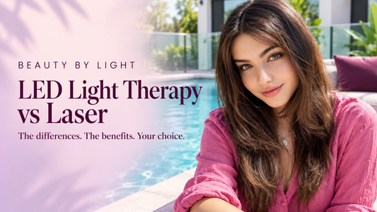 Woman in a pink linen blouse beside a swimming pool, with the headline “LED Light Therapy vs Laser” and subtitle “The differences. The benefits. Your choice