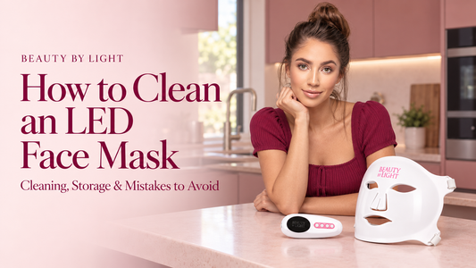 Woman beside a Beauty by Light LED face mask and controller on a modern kitchen bench, with the headline “How to Clean an LED Face Mask”.