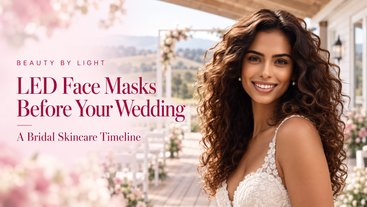 Bride with long dark curls at an outdoor wedding venue, beside the headline “LED Face Masks Before Your Wedding” and subtitle “A Bridal Skincare Timeline.”