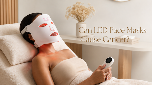 A woman in a spa wearing a Beauty By Light LED mask, with the headline "Can LED Face Masks Cause Cancer?"