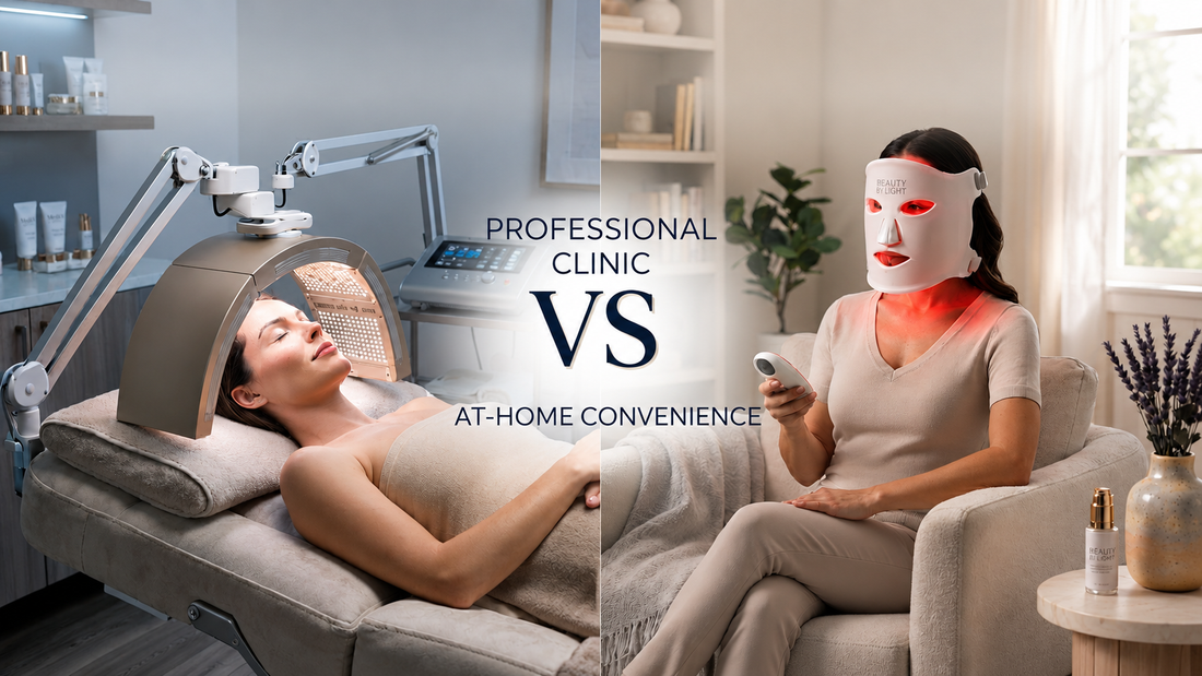 Comparison of professional LED light therapy in a clinic and an at-home LED face mask treatment for skin rejuvenation.