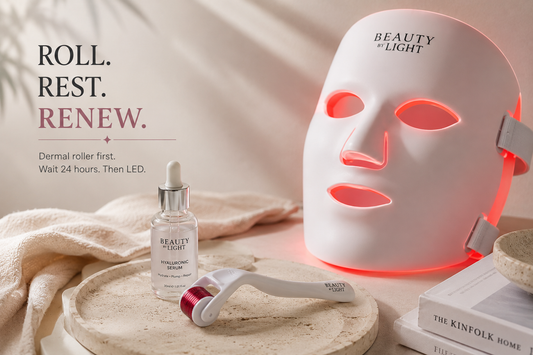 Beauty by Light LED face mask, dermal roller, and serum for post-microneedling skincare.
