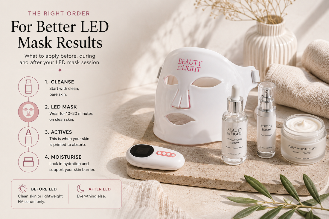 Beauty by Light silicone LED face mask with hyaluronic acid serum and skincare products, showing the correct order for LED light therapy: cleanse, LED mask, apply actives, then moisturise.