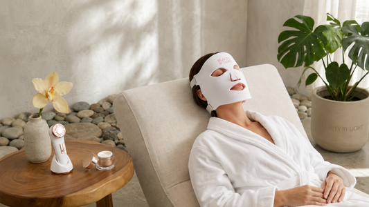 Woman relaxing on a lounge chair wearing a Beauty by Light silicone LED face mask in a luxury spa-inspired setting.