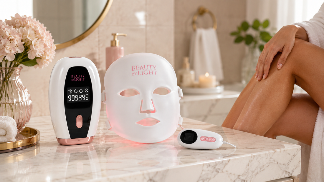 Beauty by light led face mask and IPL Laser hair removal in bathroom with girl in background