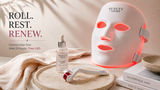 Beauty by Light LED face mask, dermal roller, and serum for post-microneedling skincare.
