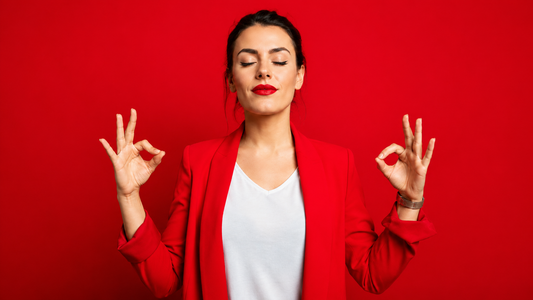 Woman meditating against red background with calm and relaxed expression