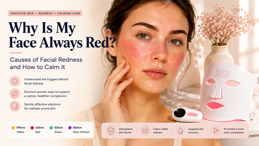 Woman with facial redness and Beauty by Light LED face mask for sensitive, redness-prone skin.