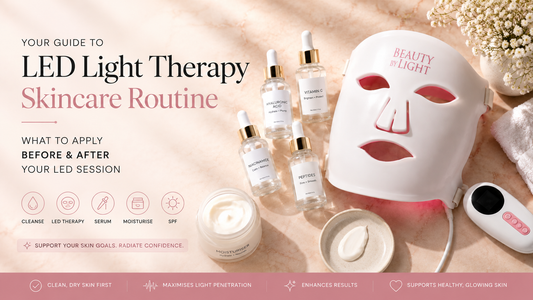 Beauty by Light LED face mask with hyaluronic acid, peptides, niacinamide, vitamin C and moisturiser in a skincare flat lay.