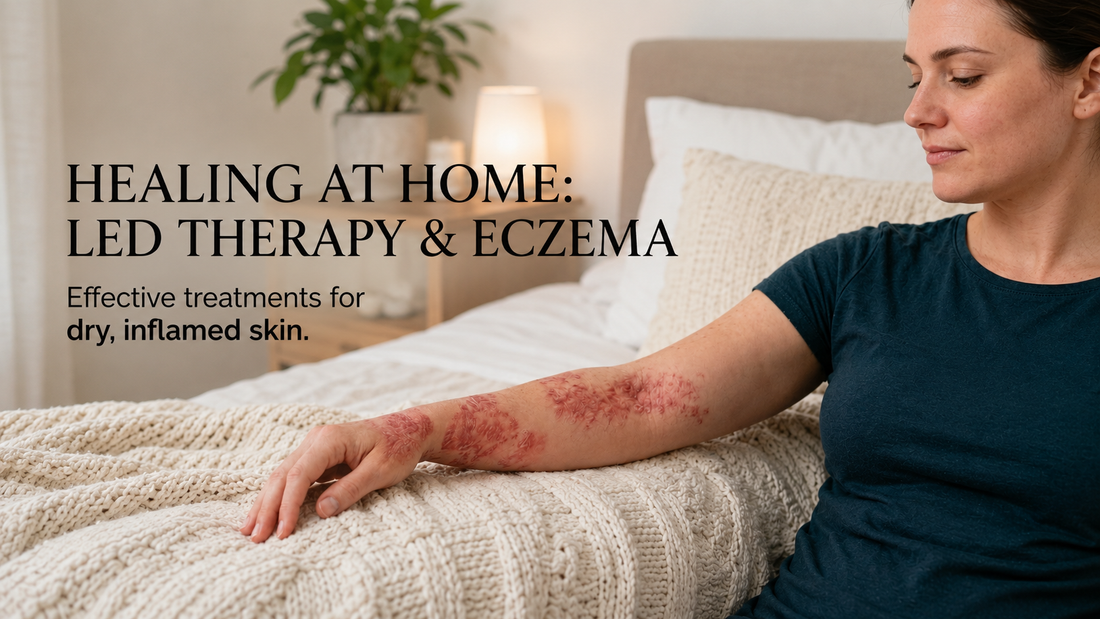 Woman with eczema on her forearm relaxing at home on a bed while demonstrating at-home LED light therapy for dry, inflamed skin