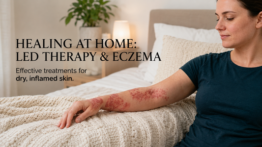 Woman with eczema on her forearm relaxing at home on a bed while demonstrating at-home LED light therapy for dry, inflamed skin
