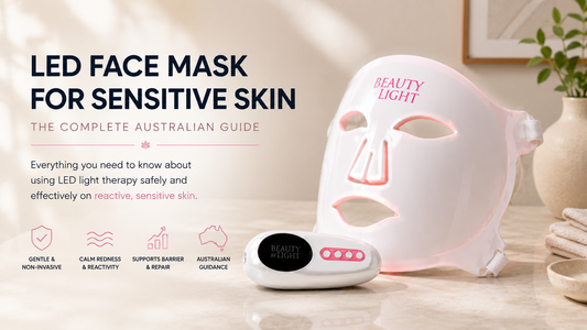 LED face mask for sensitive skin by Beauty by Light displayed in a calming home setting for an Australian guide to LED light therapy
