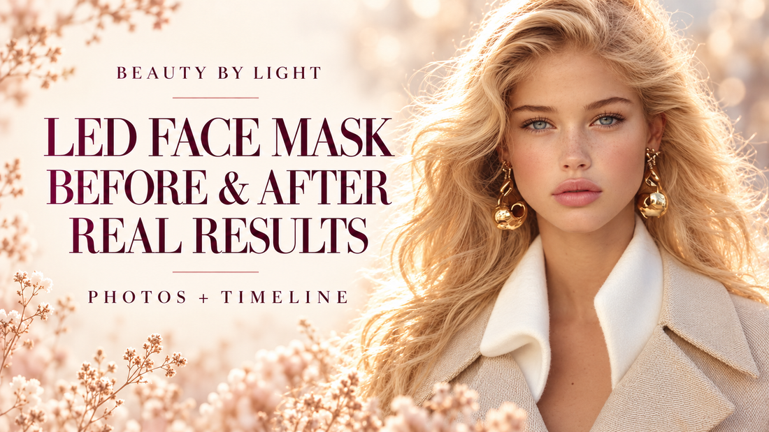 Blonde woman in warm floral light beside the title “LED Face Mask Before & After: Real Results.”