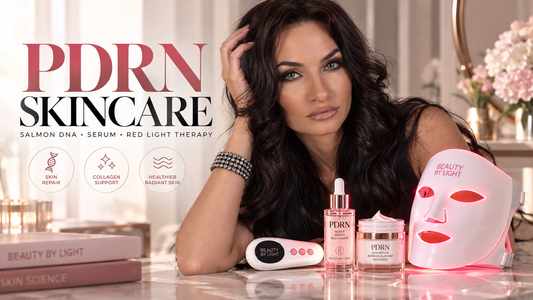 PDRN skincare and red light therapy with Beauty by Light LED face mask, PDRN serum and cream.