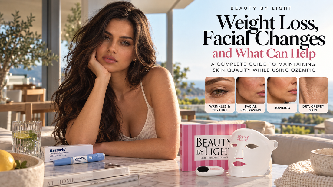 Ozempic face and GLP 1 facial ageing guide showing weight loss related facial changes with the Beauty by Light LED face mask and red light therapy.