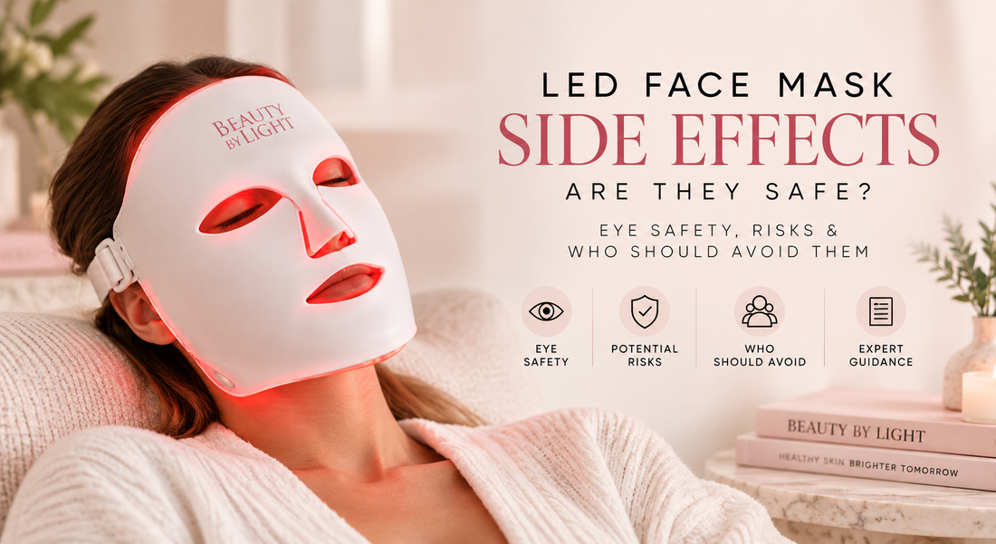 Woman wearing the Beauty by Light LED face mask relaxing at home in Australia
