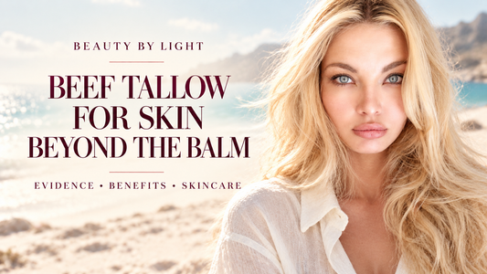 Blonde woman on a sunlit beach beside “Beef Tallow for Skin: Beyond the Balm” text on a Beauty by Light blog cover.