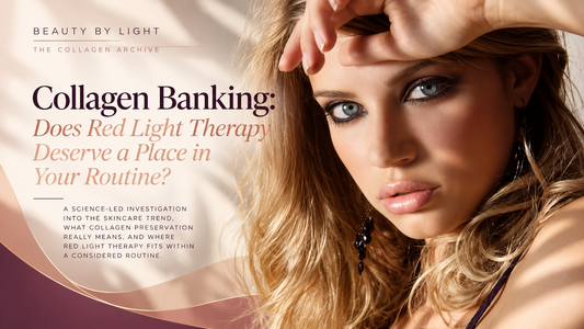Collagen Banking and Red Light Therapy skincare guide by Beauty by Light, featuring a blonde woman with blue-grey eyes in a luxury aubergine, apricot and champagne editorial cover.