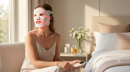 Girl sitting on bed using the Beauty by light Led face mask