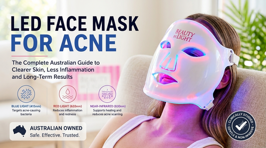 LED Face Mask for Acne blog. On the right, a young woman relaxes while wearing the glossy white Beauty by Light LED mask, which emits a dual therapeutic blue and red light glow. On the left  Long-Term Results.