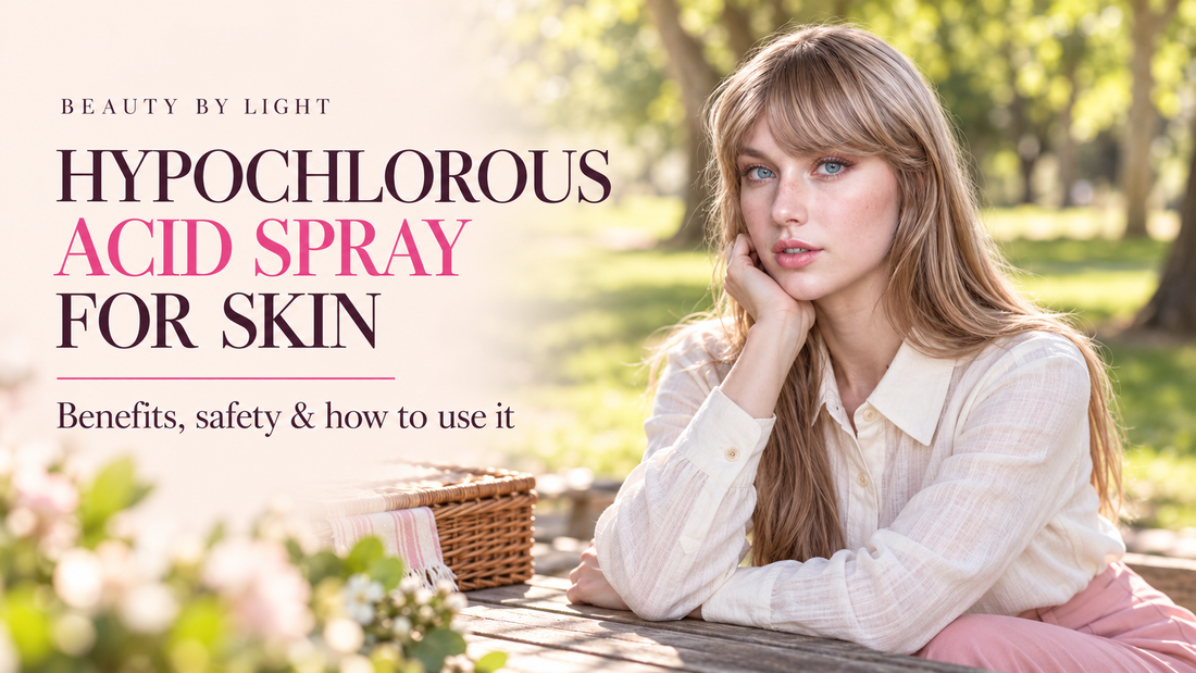 Woman seated at a picnic table beside the title “Hypochlorous Acid Spray for Skin: Benefits, safety & how to use it.