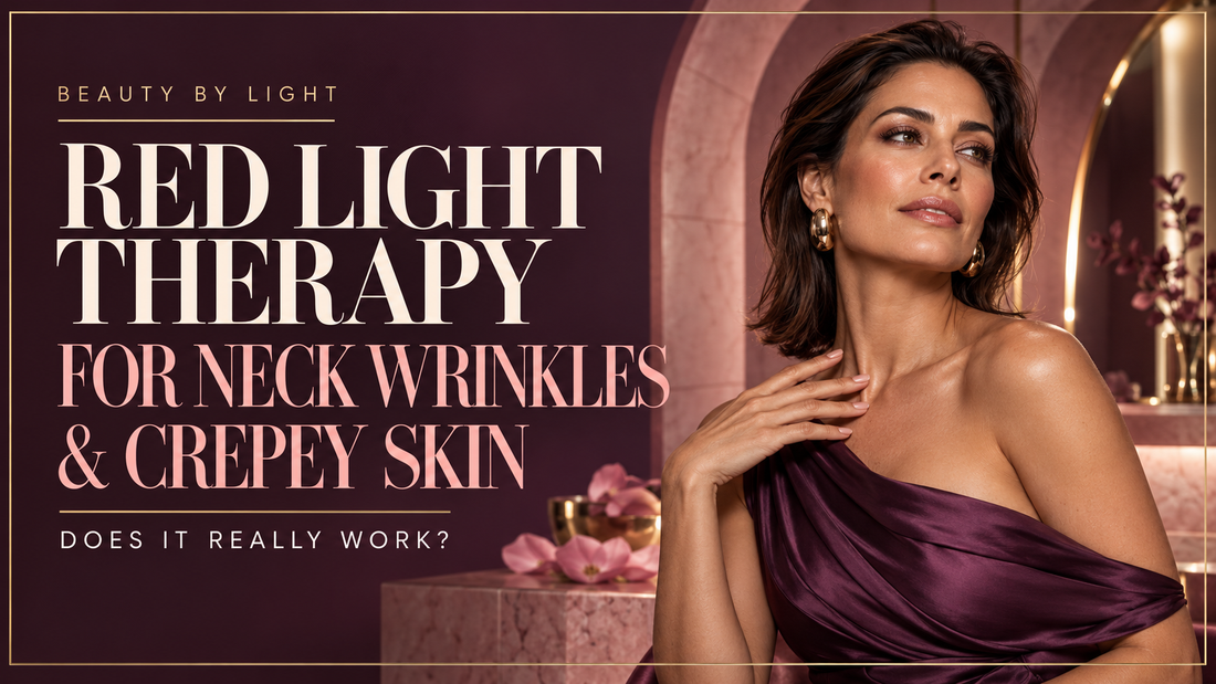 Red Light Therapy for Neck Wrinkles and Crepey Skin blog cover featuring a brunette woman in an elegant plum off-shoulder dress against a luxurious rose-quartz background.
