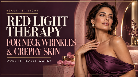 Red Light Therapy for Neck Wrinkles and Crepey Skin blog cover featuring a brunette woman in an elegant plum off-shoulder dress against a luxurious rose-quartz background.