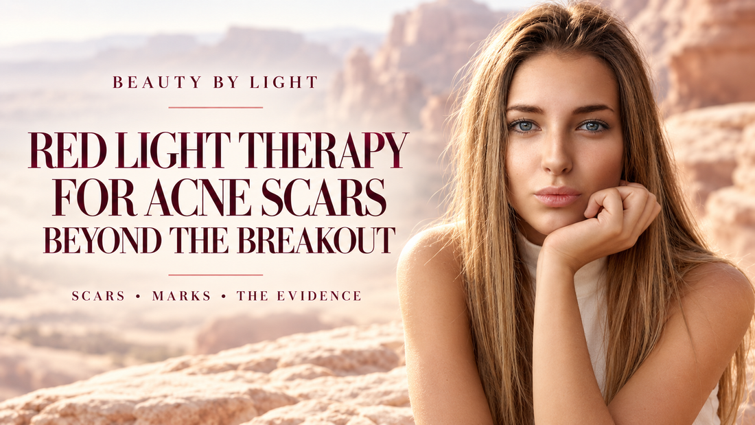 Beauty by Light cover featuring a woman against rose sandstone cliffs beside “Red Light Therapy for Acne Scars: Beyond the Breakout” text