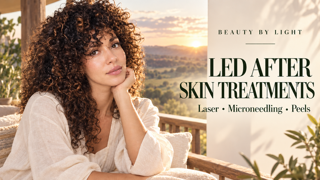 Woman with dark curly hair on a country veranda at sunset beside the title “LED After Skin Treatments.