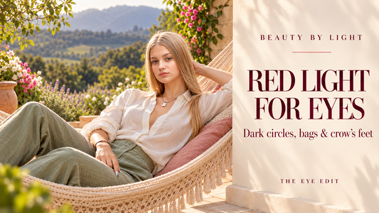Beauty by Light blog cover showing a woman relaxing in a hammock beside the title “Red Light for Eyes.