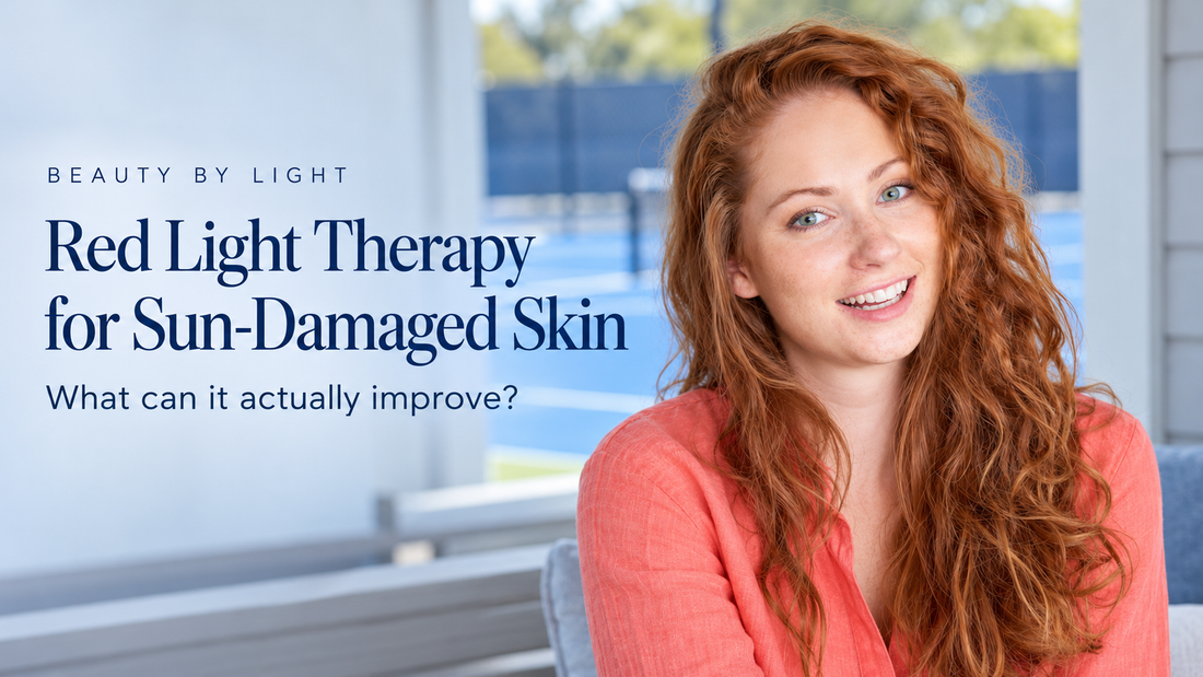 Red-haired woman in a coral blouse beside a tennis court, with the headline “Red Light Therapy for Sun-Damaged Skin” and subtitle “What can it actually improve
