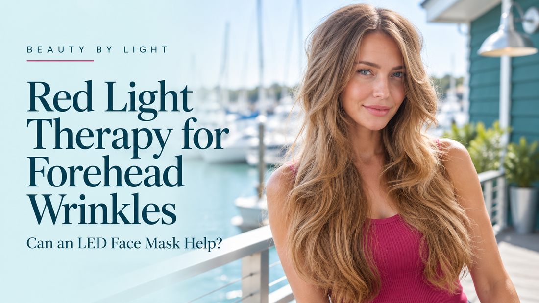 Woman with long highlighted hair beside a marina, with the headline “Red Light Therapy for Forehead Wrinkles” and subtitle “Can an LED Face Mask Help?