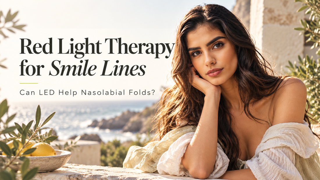 Woman with dark wavy hair on a sunlit coastal terrace beside the headline “Red Light Therapy for Smile Lines” and subtitle “Can LED Help Nasolabial Folds?