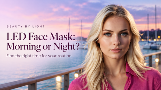 Blonde woman beside a harbour at dusk, with the headline “LED Face Mask: Morning or Night?” and subtitle “Find the right time for your routine