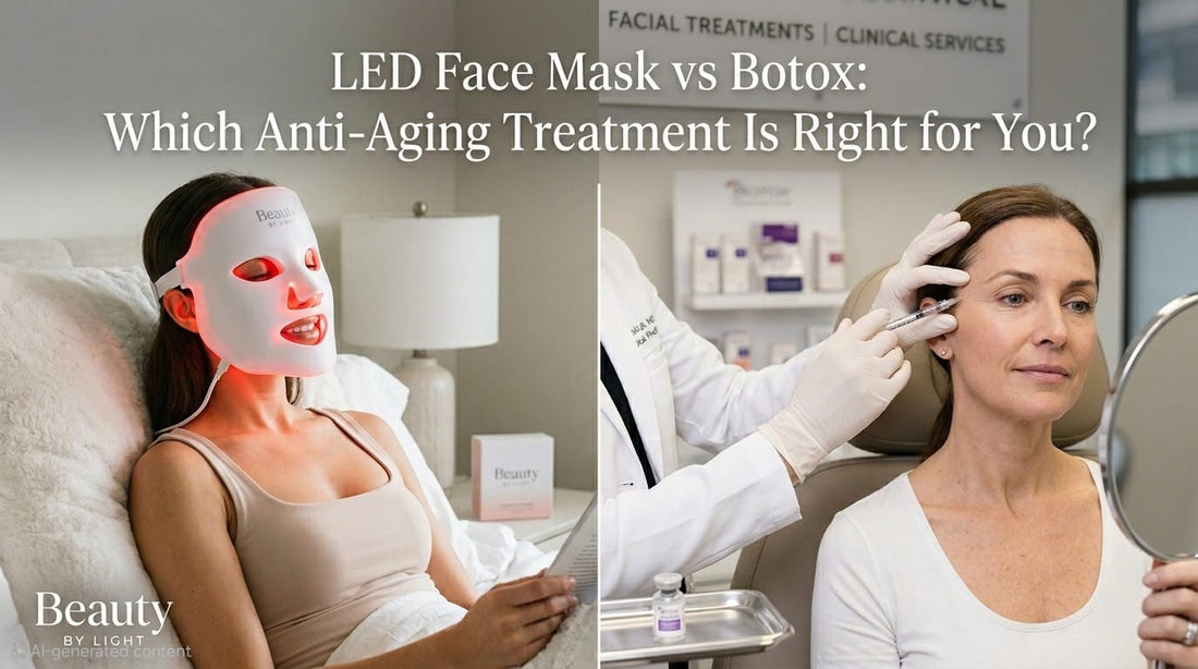 A split-screen visual comparison of the Beauty by Light LED Face Mask vs a clinical Botox anti-aging procedure. The left panel shows a woman at home wearing the illuminated mask; the right panel shows a practitioner in a professional clinic environment