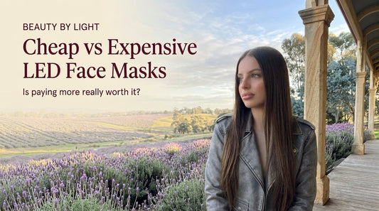 Woman beside a lavender field with the headline “Cheap vs Expensive LED Face Masks” and subtitle “Is paying more really worth it