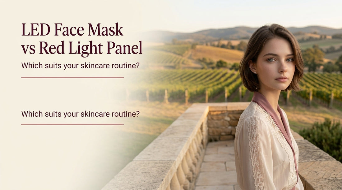 Woman on a sandstone terrace overlooking a vineyard beside the title “LED Face Mask vs Red Light Panel Which suits your skincare routine