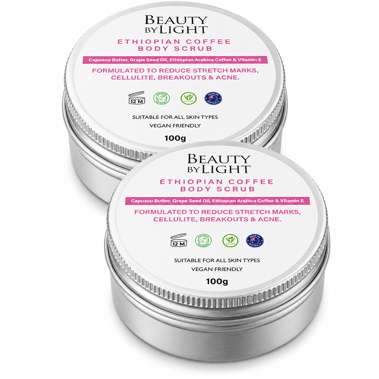 Two containers of Beauty by Light Ethiopian Coffee Body Scrub on a white background Beauty By Light Ethiopian Coffee Body Scrub 100g Twin Pack