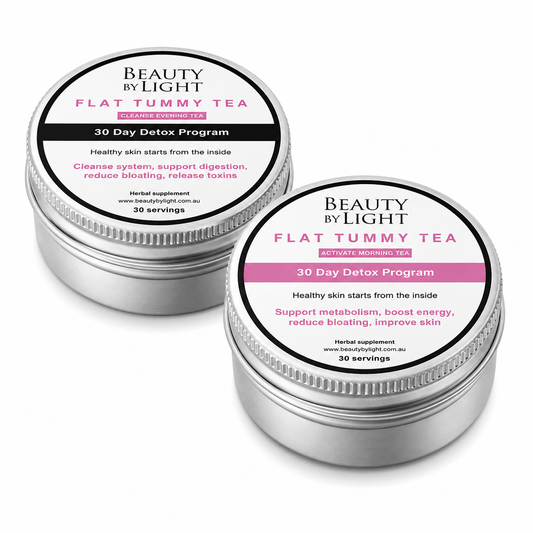 Two containers of Beauty by Light Flat Tummy Tea on a white background Beauty By Light Flat Tummy Tea 30 Day Detox Program Twin Pack