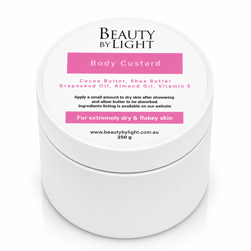 Body custard container with 'Beauty by Light' branding on a white background Beauty By Light body custard 250g for dry and flakey skin