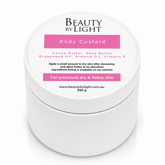 Body custard container with 'Beauty by Light' branding on a white background Beauty By Light body custard 250g for dry and flakey skin