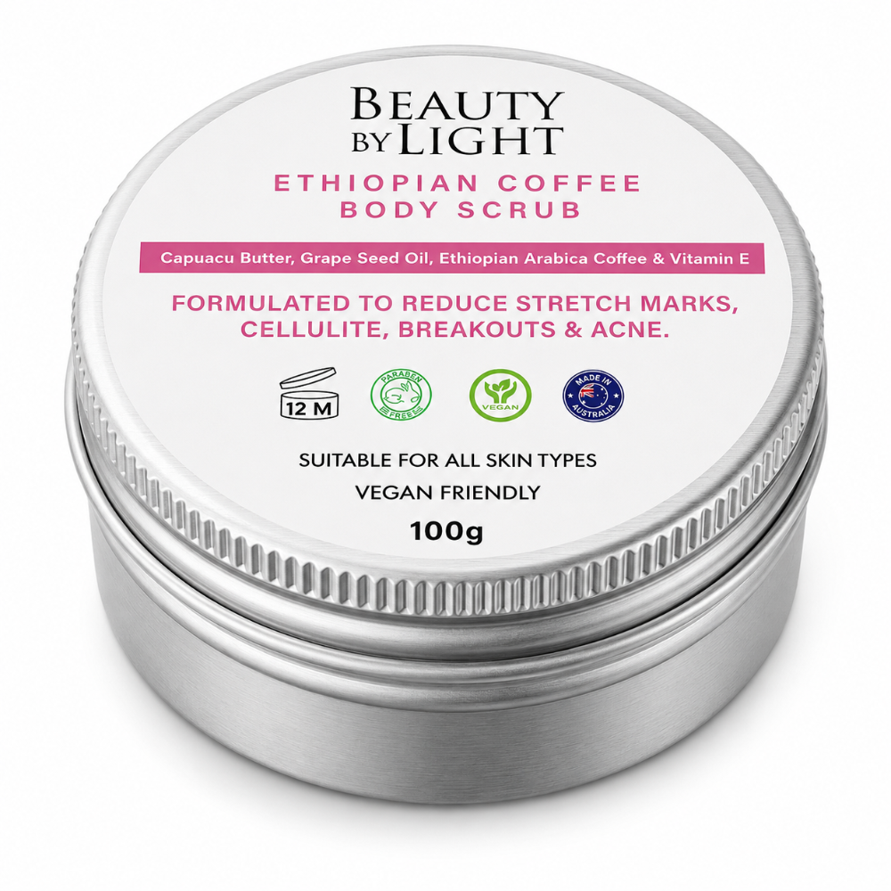 Beauty by Light Ethiopian Coffee Body Scrub container on a white background