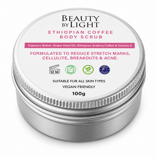 Beauty by Light Ethiopian Coffee Body Scrub container on a white background