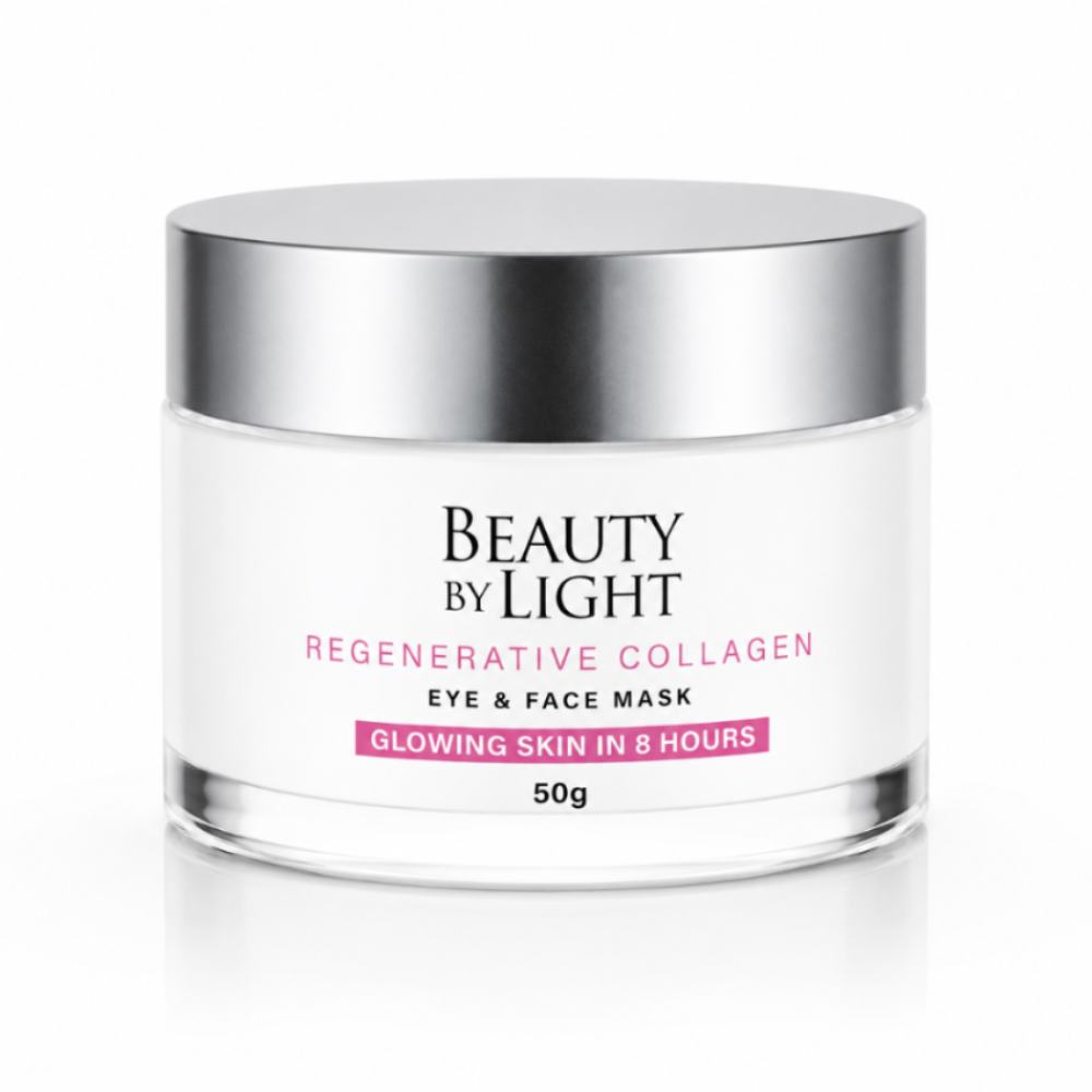 Beauty by Light regenerative collagen eye and face mask jar on a white background