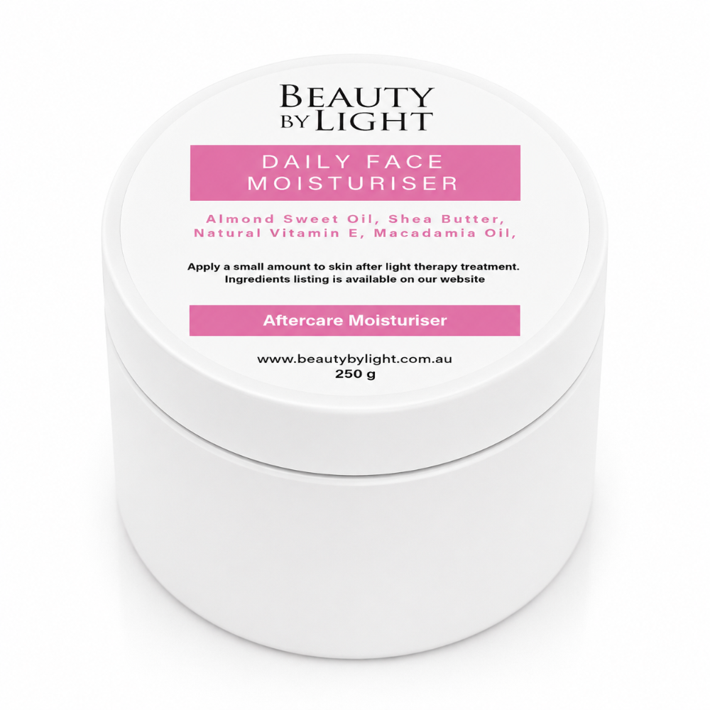 White jar of 'Daily Face Moisturiser' by Beauty by Light on a white background Beauty By Light daily face moisturiser 250g aftercare cream